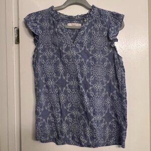 Loft Blue and White Embroidered/Stitched Flutter Sleeve Top